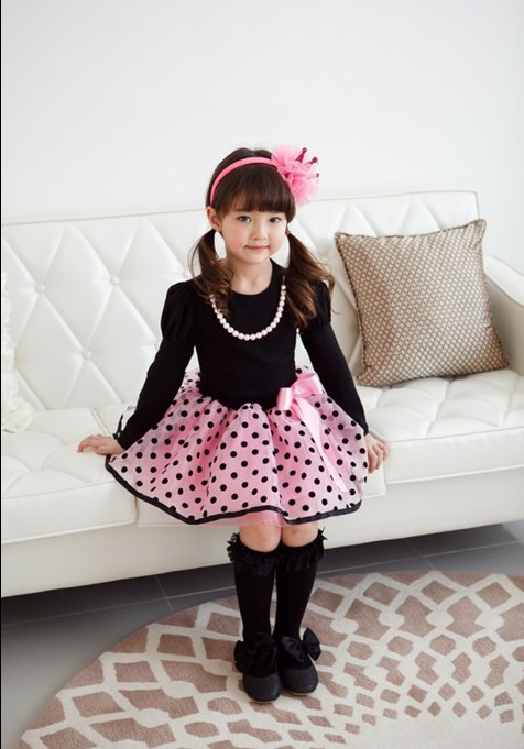 F68098-2 autumn sweet princess skirt girl bow long sleev dress